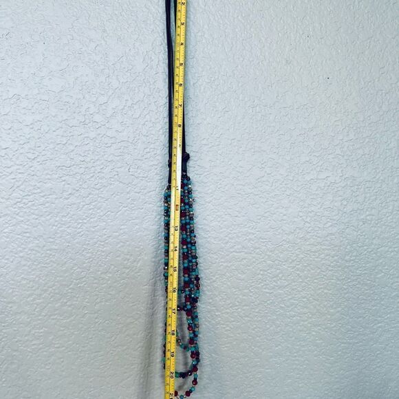 Sparkling Turquoise Red Leather Cord Beaded Statement Necklace - Picture 3 of 3